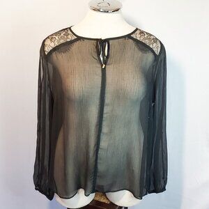 Jennifer Lopez Riviera Chic Sheer Blouse & Lace Gold Button open sleeves size XL